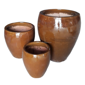 [Hannah] Pot en céramique émaillée pour extérieur, jardinières, lot de 3, brun clair // Fournisseur de poterie vietnamien - Product Image 1