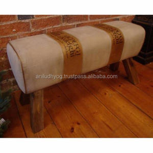French Style <b>Leather</b> & Canvas Ottoman - Product Image 1