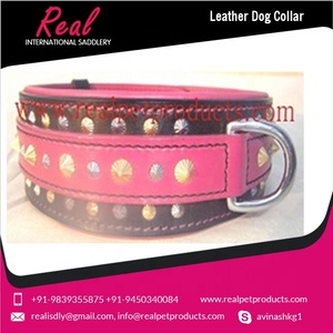 Collier de chien surfilé durable en cuir indien véritable avec motif animal et décoration de rivet - Product Image 2