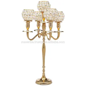 水晶金色烛台5臂水晶中心件金属铝婚礼和家居装饰中心件手工制作