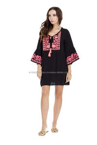 Robe brodée à manches cloches pour femmes, vente en gros, vêtement Design personnalisé, tunique Collection nouvelle saison, col à pompon, Cover-up, Collection nouvelle Collection, - Product Image 3