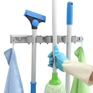 Custom Plastic Cleaning Tool Opslag Houders Met Haken Zelfklevende Muurbevestigd Mop Bezem Muur Houder Organizer