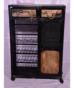 Industrial Vintage Metal Wood Wine Rack Cabinet Living Room Cabinets Furniture Manufacturer