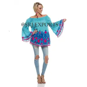 Best Online Selling Long Bell Sleeve Off Shoulder Bohemian Touch Floral Imperial Aari Embroider Pom Pom Trim Women Blouse Tops