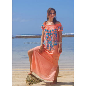 Fabricants de vêtements indiens Robe maxi bohème brodée à épaules dénudées pour l'été Robe ample chic bohème Robe de plage - Product Image 1