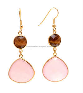 925 <b>Sterling</b> <b>Silver</b> Pink Chalcedony & Tiger Eye Gemstone Gold Vermeil Drop <b>Earrings</b>-Wedding & Party Trendy - Product Image 1