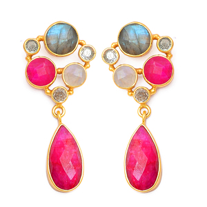 Pendientes de tachuelas de piedra múltiple chapados en oro y plata de ley 925, par de pendientes hechos a mano, joyería fina, pera, pendiente de forma de corte redondo - Product Image 1
