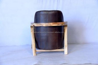Fauteuil d'appoint en cuir de luxe avec structure en bois de manguier massif |   Design industriel, cuir véritable écologique, peau de mouton, meubles pour la maison