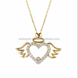 Collier à breloques cœur aile d'ange en or massif 14K Bijoux fins pour femmes fabriqués en Turquie - Product Image 1