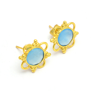 Natural Blue Topaz Gemstone Handmade <b>Stud</b> Earrings 925 <b>Sterling</b> <b>Silver</b> Round Shape Fashionable Wedding Earring Jewelry for Women - Product Image 2
