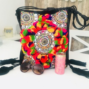 Bolso de Mano Bohemio para Mujer, Estilo Gitano, Bordado a Mano, Lona, Forro de Cuero Genuino, Logotipo, Decoración con Pompón, Cierre de Cremallera - Product Image 2