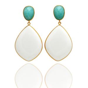 อะมาโซไนต์ธรรมชาติและอัญมณีสีขาวน้ำนมออกแบบเป็นเอกลักษณ์ชุบทองแข็ง925สเตอร์ลิงเงินแท้ต่างหูเครื่องประดับที่ดี - Product Image 2