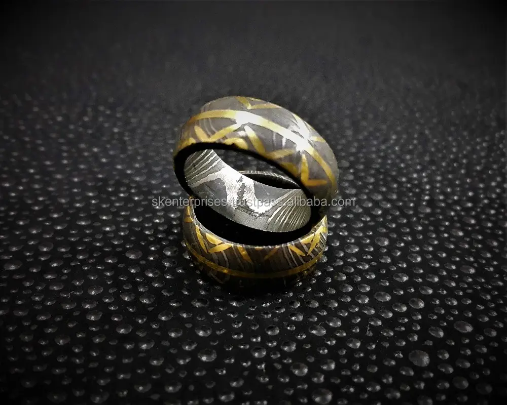 Beautiful Hand Made Couple Ring "Damascus Steel With Brass Inlay"