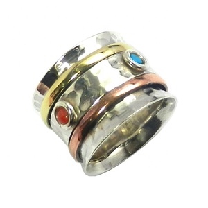 แหวนปะการังเงินสเตอริงสปินเนอร์สามโทน925ทำด้วยมือแหวนเวอร์เมลแหวนหมั้นเครื่องประดับของขวัญ - Product Image 1