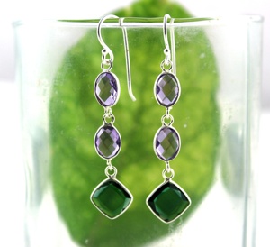 Émeraude améthyste Hydro Mix forme fait à la main argent Dangle argent plaqué argent 925 forme de luxe boucles d'oreilles cadeau - Product Image 1