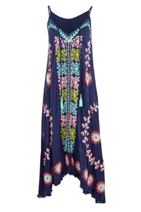 Robe longue décontractée de qualité supérieure à col en V, broderie Aari, ourlet asymétrique, bretelles, décoration en dentelle, style bohème, coupe trapèze, 6XL, pour la plage - Product Image 3