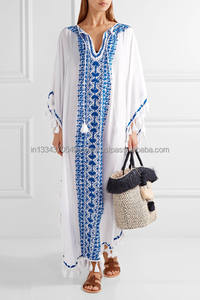 Cache-maillot bohémien avec broderies, bleu, en rayonne, blanc, vêtements de plage, Bikini, caftan Long, style bohémien, '60s - Product Image 6