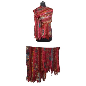 Vintage Reversible <b>Silk</b> <b>Scarf</b> Colorful Striped Shawl with Long Length Plain Style Indian Sari Patches Stitched <b>Neck</b> Wrap - Product Image 1
