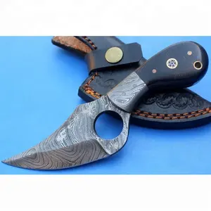 Cuchillo Skinner de acero damasco hecho a mano Tang completo mango de cuerno de Búfalo con Funda de cuero MH.70