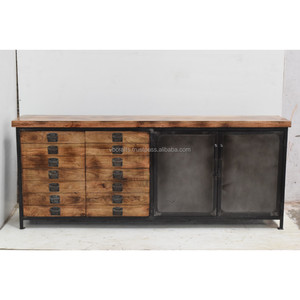 Buffet de style industriel moderne en fer de luxe avec rangement extra long en bois de manguier massif pour la maison, le salon ou le bureau - Product Image 1