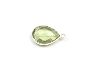 À la mode vert améthyste pierres précieuses fabrication de bijoux résultats simple caution à la main à facettes lunette connecteur poire forme 12X16mm argent - Product Image 4