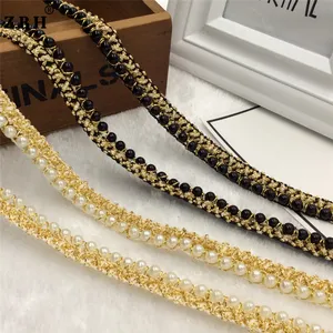 Métallique Tissage Avec Décoration De Perles Noir Ruban Blanc