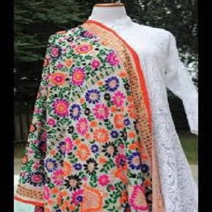 Hand Embroidered Georgette Cotton Designer Phulkari Dupattas for Women & Girls Tricolour <b>Long</b> Wedding <b>Scarves</b> Made in Delhi - Product Image 5