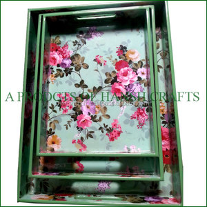 Bandeja de Servir con Estampado Floral |   Bandeja Rectangular de Resina y Madera con Asas para Cocina, Mesa de Comedor, Té, Café, Aperitivos, Decoración del Hogar - Product Image 1