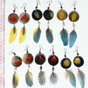 Pendientes de gota de plumas peruanas hechas a mano de cuero redondo y plumas de pavo real naturales, accesorio de moda - Product Image 1