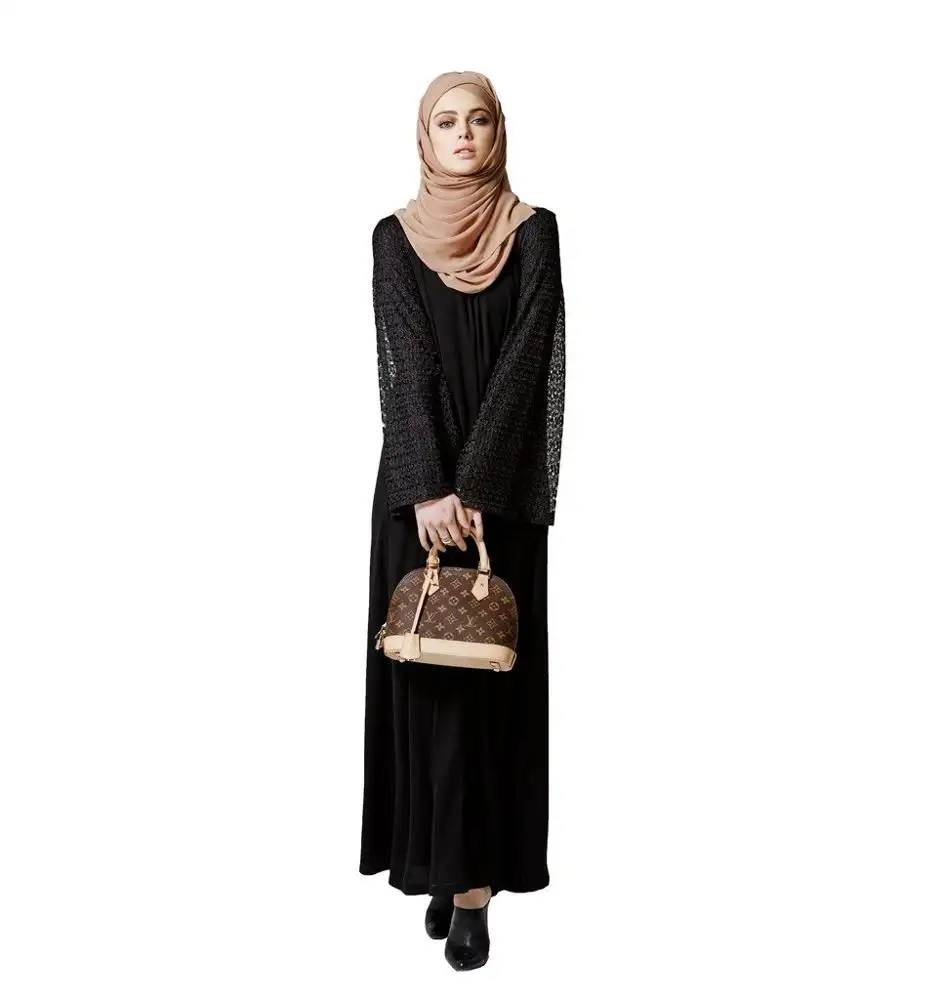 Abaya — robe longue noire unie avec filet brodée, belle tenue burkha, caftan de manches