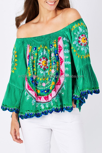 Chemisier ethnique traditionnel pour femme, grande taille, Style bohème, tenue tendance, à épaules nues, manches cloches, Aari brodées, Style maxi, 2019 - Product Image 2