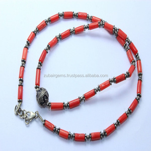 Collar de Cadena de Eslabones Clásico Romántico de Plata de Ley 925 con Coral Italiano Natural Liso - Product Image 1