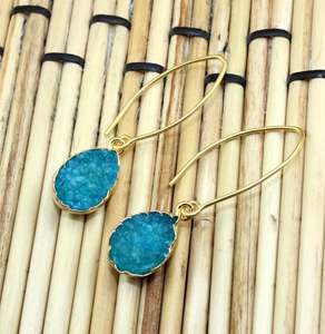 Naturel bleu sucre druzy agate boucle d'oreille long fil goutte boucle d'oreille plaqué or résine druzy boucle d'oreille bijoux - Product Image 5