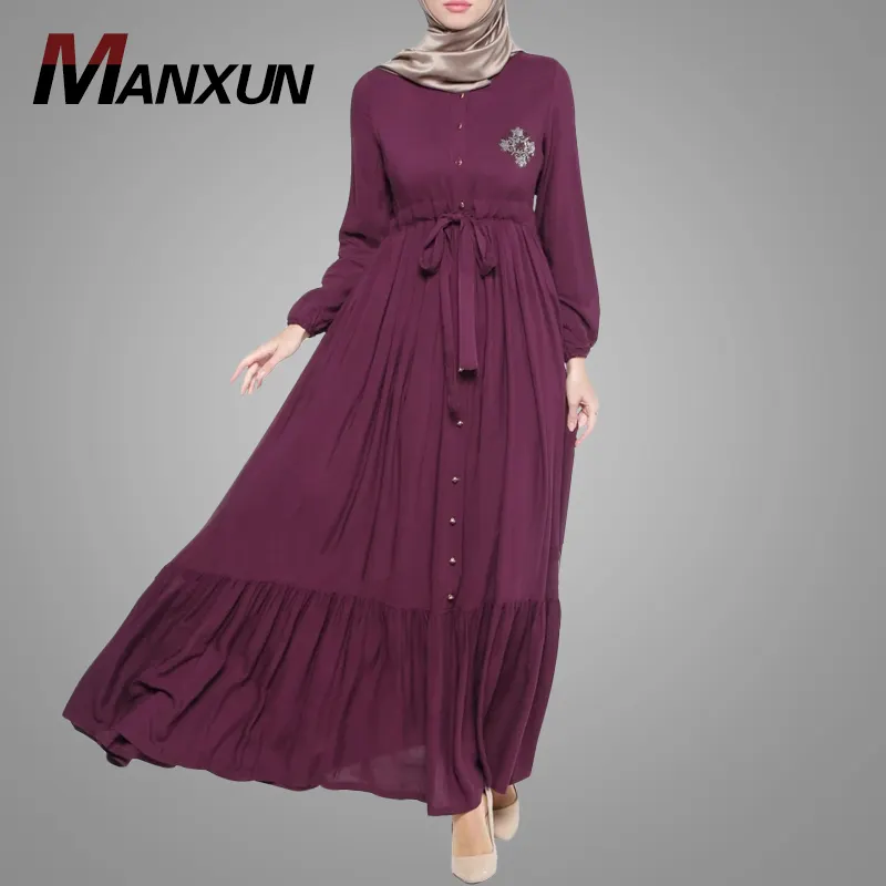 100% Viscose Muslim Women Long Dress Button Down Drawstring Ruffle Bottom Dubai Abaya Islamic Clothing Arab Jilbaya Kaftan