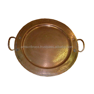 <b>Round</b> Shaped Hammered Metal Pure Copper <b>Serving</b> <b>Tray</b> with Sided Handle - Product Image 1