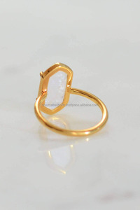 Minimalist Stacker Gemstone <b>Moonstone</b> <b>Ring</b> Stackable Gold Prong with Rhodium Plating for Wedding or Party - Product Image 3