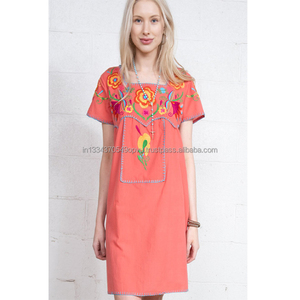 2019 Newest Summer Casual Mexican Style Boho Tunic Women Classic Version Orange Floral Embroidered Square Neck Short Dress - Product Image 1