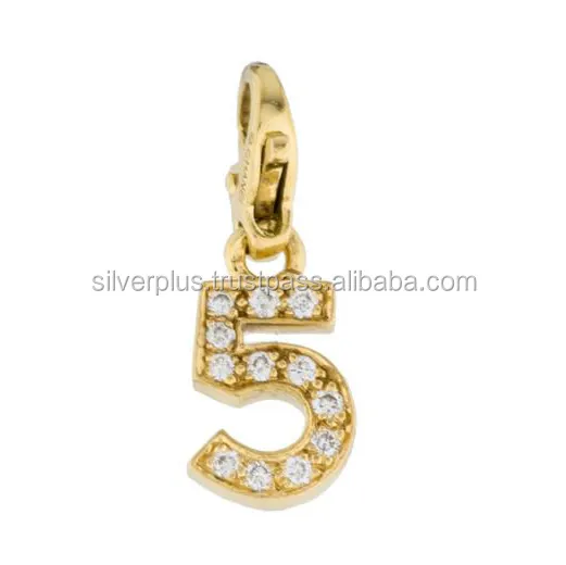 Nieuwe Collectie Massief 14K Geel Goud Echt Pave Diamant Initiaal "5" Nummer Letter Charme Hanger Ketting Fabrikant