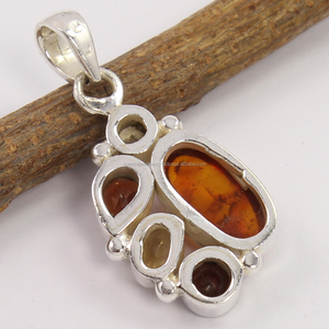 Nouveau pendentif solitaire en argent sterling 925 avec sertissage clos, pierres précieuses naturelles citrine, grenat et ambre - Product Image 2