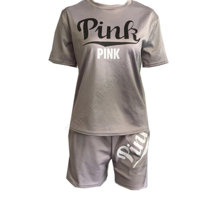 Ensemble deux pièces pour femmes, T-shirt manches courtes et Short, tissu jersey de coton rose imprimé grandes tailles, 2020 - Product Image 2