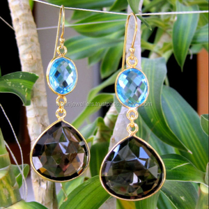 ท็อปอาซสีน้ําเงินและท็อปอาซควันต่างหูเงินแท้ 925 ฝาทองคําเวอร์เมล - Product Image 1