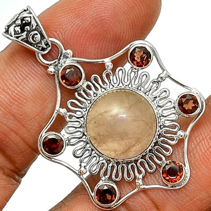 Venta al por mayor 925 plata esterlina estilo étnico colgante rosa cuarzo rojo granate piedras preciosas bisel ajuste incrustaciones joyería - Product Image 1