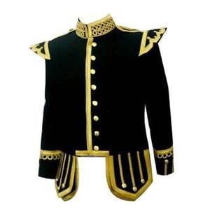 Highland Doublet Jacket in Black <b>Wool</b> Scottish Style With <b>Gold</b> Piping for Bagpipe Black Highland Doublet Jacket With <b>Gold</b> Piping - Product Image 1