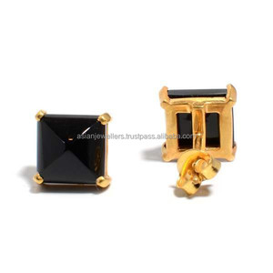 925 Sterling Silver <b>Black</b> Onyx Gemstone Stud <b>Earrings</b> Vermeil <b>Gold</b> Wedding Engagement Party Jewelry for Gifts - Product Image 2
