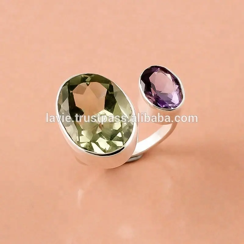 Amethyst peridot dua batu cincin untuk pria dan wanita 925 perak murni grosir perhiasan India perak cincin produsen