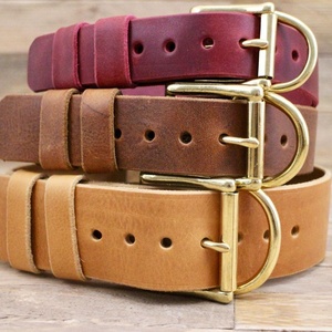 Collar de cuero hecho a mano para perro con latón macizo dorado, collar de cuero para mascotas, etiquetas personalizadas para perros, 2017 - Product Image 1