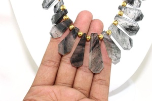 5.5" Long Natural <b>Black</b> Rutile Gemstone Faceted Fancy Shape Fashion Jewelry <b>Pendant</b> <b>Necklace</b> Indian Wholesaler - Product Image 4