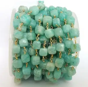 Amazonite กล่องลูกปัดลูกประคำ5-6มม. แบบเหลี่ยมเพชรพลอย-โซ่ร้อยชุบทอง22K