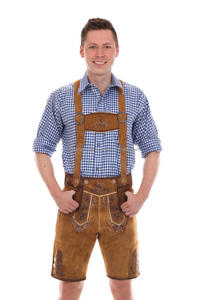 ISONZ - Atractivas Lederhosen Tradicionales Alemanas/Austríacas en Color Marrón Dorado con Tirantes y Cinturón, Acabado Vintage - Product Image 5