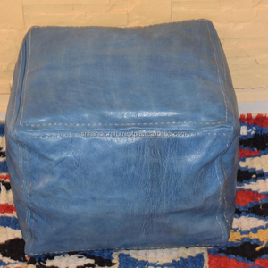 Moroccan Leather, Ottoman square Light Blue Jeans Pouf, square Handmade Footstool - Product Image 1